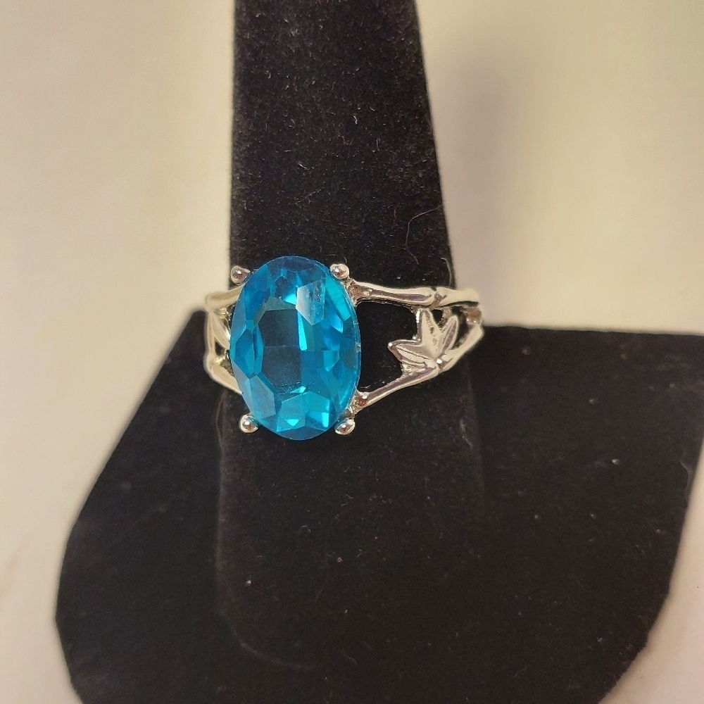 Sterling Silver 925 Faux Aquamarine Sapphire Ring Blue Gemstone Rhinestone 9.75